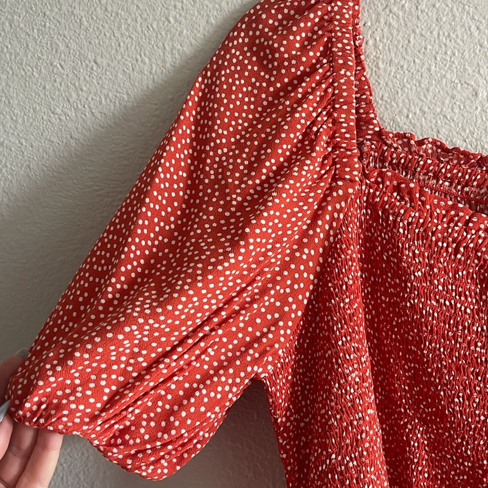 LOFT Red Puff Sleeve Smocked Top - Picture 2 of 6